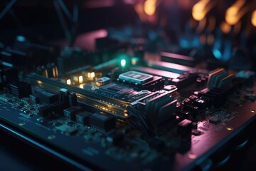 Fototapeta na wymiar Close-Up of Modern Motherboard in Low Light