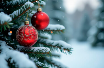 Красные елочные шары висят на заснеженных еловых ветках. Место для текста