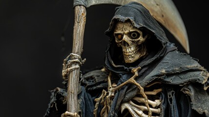 Intricate grim reaper skeleton holding curved scythe in ominous yet captivating atmosphere