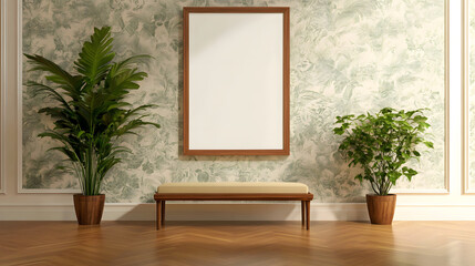 blank frame elegantly displayed in stylish interior with plants
