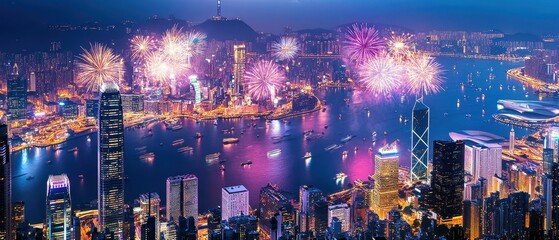 Obraz premium Fireworks illuminate city skyline with stunning patterns and vibrant colors at night