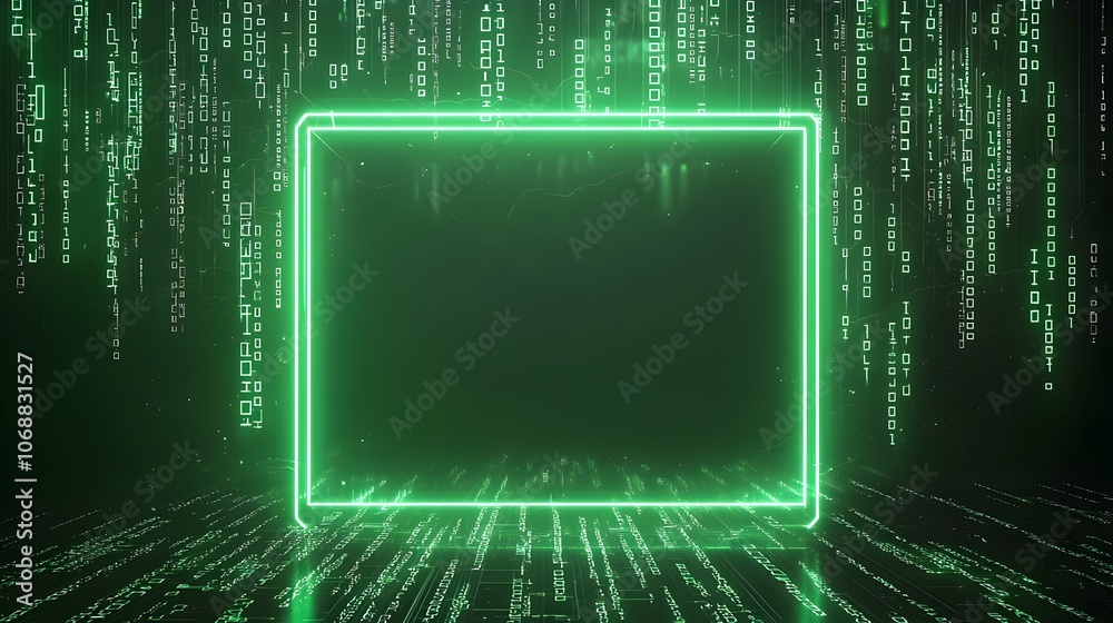 Poster glowing digital circuit frame amid matrix like binary code background