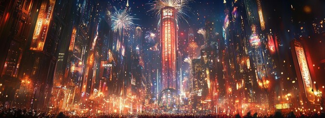 Naklejka premium Experience the spectacular new year’s countdown with city lights and fireworks