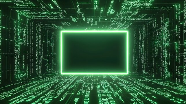 Glowing Digital Circuit Frame Matrix with Binary Code Background Concept