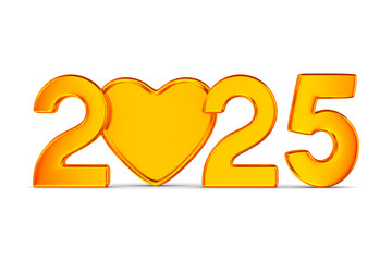 2025 new year and heart on white background. Isolated 3D illustration