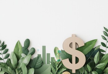 Obraz premium A composition of vibrant green leaves surrounds a dollar sign, symbolizing the connection between finance and nature.