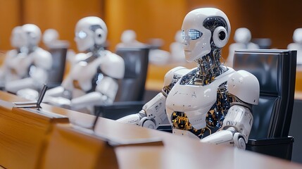 Fototapeta premium Futuristic AI Powered Courtroom with Robotic Judges and Lawyers Debating Cases Using Data Streams