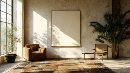 cozy interior featuring brown armchair, empty frame, and plants. Natural light enhances ambiance