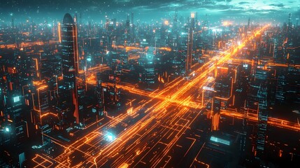 Futuristic Glowing Metropolis with Seamless AI Powered Transportation and Connectivity