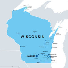 Wisconsin, U.S. state, political map. State in the Great Lakes region of upper Midwestern United States, with capital Madison, metropolitan area Milwaukee. The Badger State and America's Dairyland.