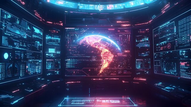 Futuristic Digital Control Room Managing Global Data Networks and Satellite Systems - Powered by Adobe