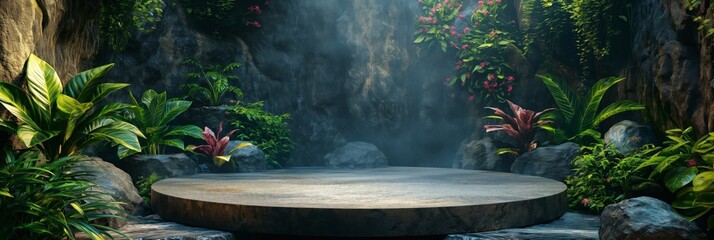 Modern product display platform adorned with lush foliage, blending natural and aesthetic appeal. AI generated