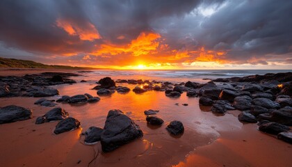 Serene Beach Sunrise with Warm Colors and a Peaceful Horizon, A Breathtaking View of the Ocean at Dawn