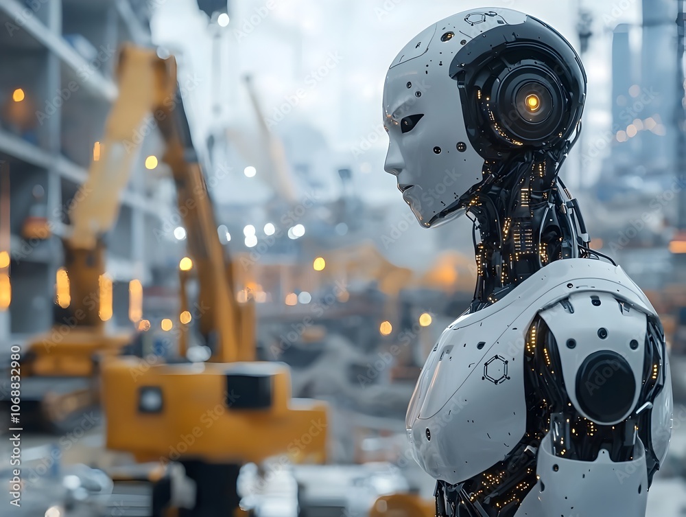 Poster humanoid robot controlling autonomous machines at construction site with data driven precision