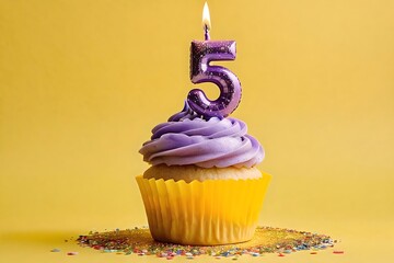 5th birthday cupcake with purple whipped cream, candle, and number 5, isolated on yellow background