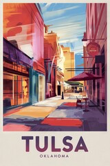 Vintage Travel Poster: Charming Streets of Tulsa, Oklahoma - Colorful Art Deco Design Capturing Nostalgic Urban Vibes and Historic Charm