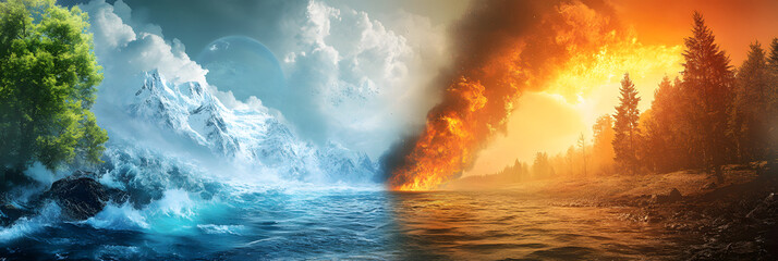 Fototapeta premium Stunning depiction of nature's duality with contrasting landscapes of fire and ice, symbolizing environmental extremes, perfect for climate change, nature, and elemental themes