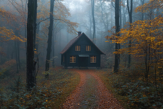 Misty autumn morning with a secluded cabin in the woods - Powered by Adobe