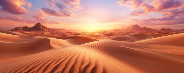 Fototapeta premium Sunrise Over Desert Dunes A Serene Landscape of Golden Sand and Pink Clouds, Capturing the Peaceful Start of a New Day