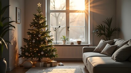 A cozy living room with a decorated Christmas tree and comfy couch