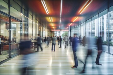Busy Modern Office Hallway with Blurred Motion
