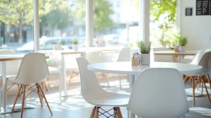 Cozy Cafe with Sleek White Furniture and Bright Light