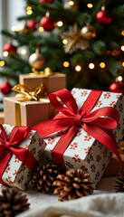 Christmas gifts with red ribbons under decorated tree with ornaments and lights