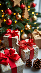 Christmas gifts with red ribbons under decorated tree with ornaments and lights