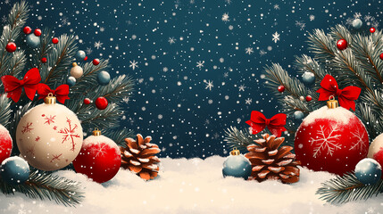 Christmas background with snow, balls and decoration , Photo by AI generative.