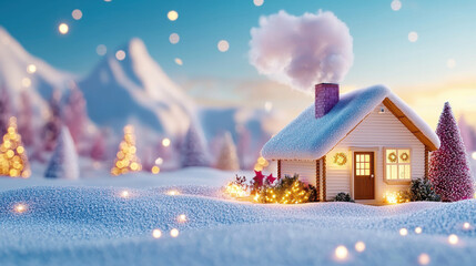 Fototapeta premium cozy winter cabin with smoke rising from chimney, surrounded by snow and twinkling lights, creates magical holiday atmosphere