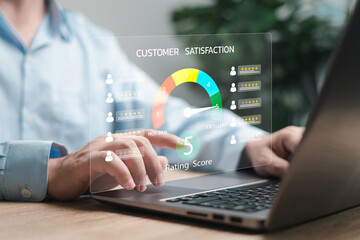Customer review satisfaction, Rating score, Feedback from customer survey concept, Businessman...