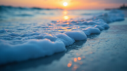 Obraz premium Macro Shallow Depth of Field Image of Seam Foam and Waves on the Beach at Sunset
