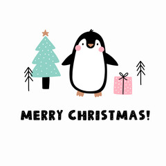 Cute cartoon penguin Holidays print. Christmas vector illustration with awesome animal