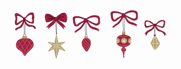 Christmas decorations set with Bow. New Year and Christmas holiday decorations. Cozy decorative holiday elements. Flat vector illustration 
