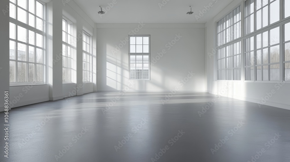 Poster empty white room with large windows and sunlight streaming in