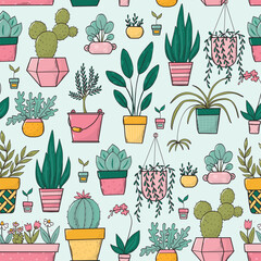 Home plants seamless pattern decorated with cute doodles on green background for wallpaper, textile prints, wrapping paper, scrapbooking, stationery, backgrounds, etc. EPS 10