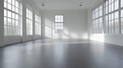 Obraz premium Empty white room with large windows and sunlight streaming in
