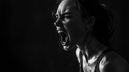 A young woman expresses intense emotion while shouting passionately in a dimly lit setting, capturing raw feelings and energy