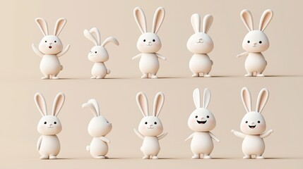 Cute cartoon bunny characters in various poses on a neutral background, each rabbit showcasing different expressions and gestures, emphasizing a playful and cheerful theme.