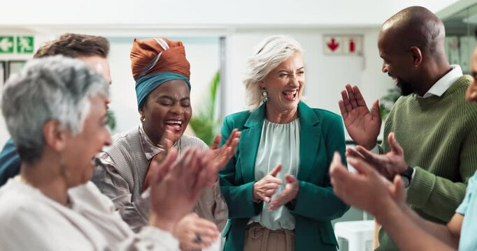 Happy, business people and high five with team or applause for winning, success or promotion at office. Excited, group or employees with touch for good job, well done or collaboration at workplace