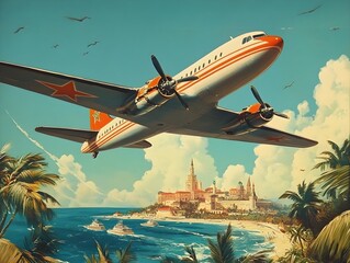 Obraz premium A nostalgic poster for a fictional travel destination in the 1950s