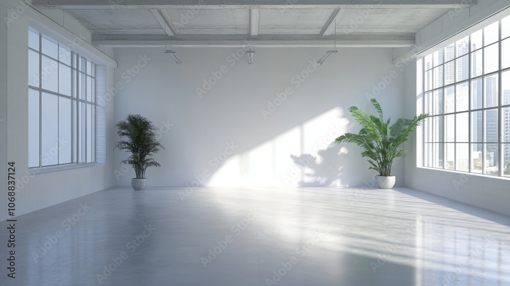 Poster bright minimalist studio with large windows and a natural light.