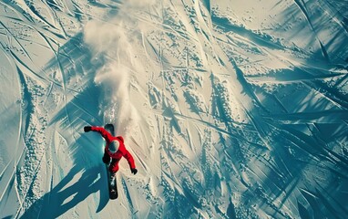 Aerial shot, drone view of man or woman snowboarding down the slope in frozen winter. Bucket list banner, adventure concept. Active holiday, outdoor activities poster. Top view from above, copy space