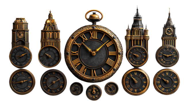 Antique Clock Tower Collection  Vintage Timepiece  Clock Face  Time  Roman Numerals  Gold   on transparent background