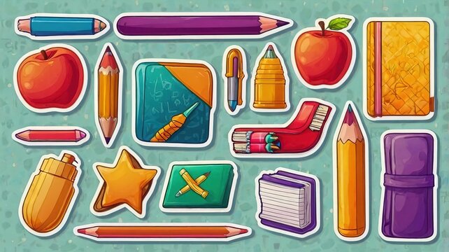 Colorful sticker set of school supplies on a light background.