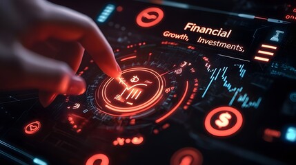 Hand Controlling Glowing Financial Growth and Investment Dashboard