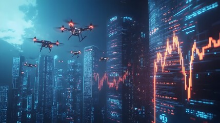 Futuristic Financial City with Towering Skyscrapers Shaped Like Charts and Glowing Drone Data Displays