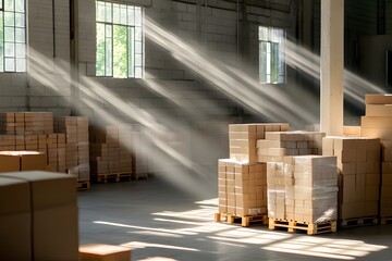 A warehouse filled with pallets of boxes, bathed in the soft glow of sunlight streaming through skylights