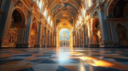 Fototapeta premium Grand Cathedral Hall with Majestic Arches and Ornate Baroque Details, Illuminated by Sunlight Streaming Through, Showcasing the Luxurious Elegance and Architectural Splendor of Sacred Spaces