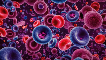 Close up view of blood cells with molecular structures, showcasing intricate details
